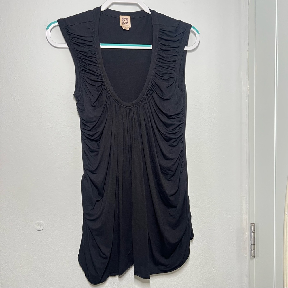 ANNE KLEIN Navy Ruched Sleeveless Tunic Top – Size S